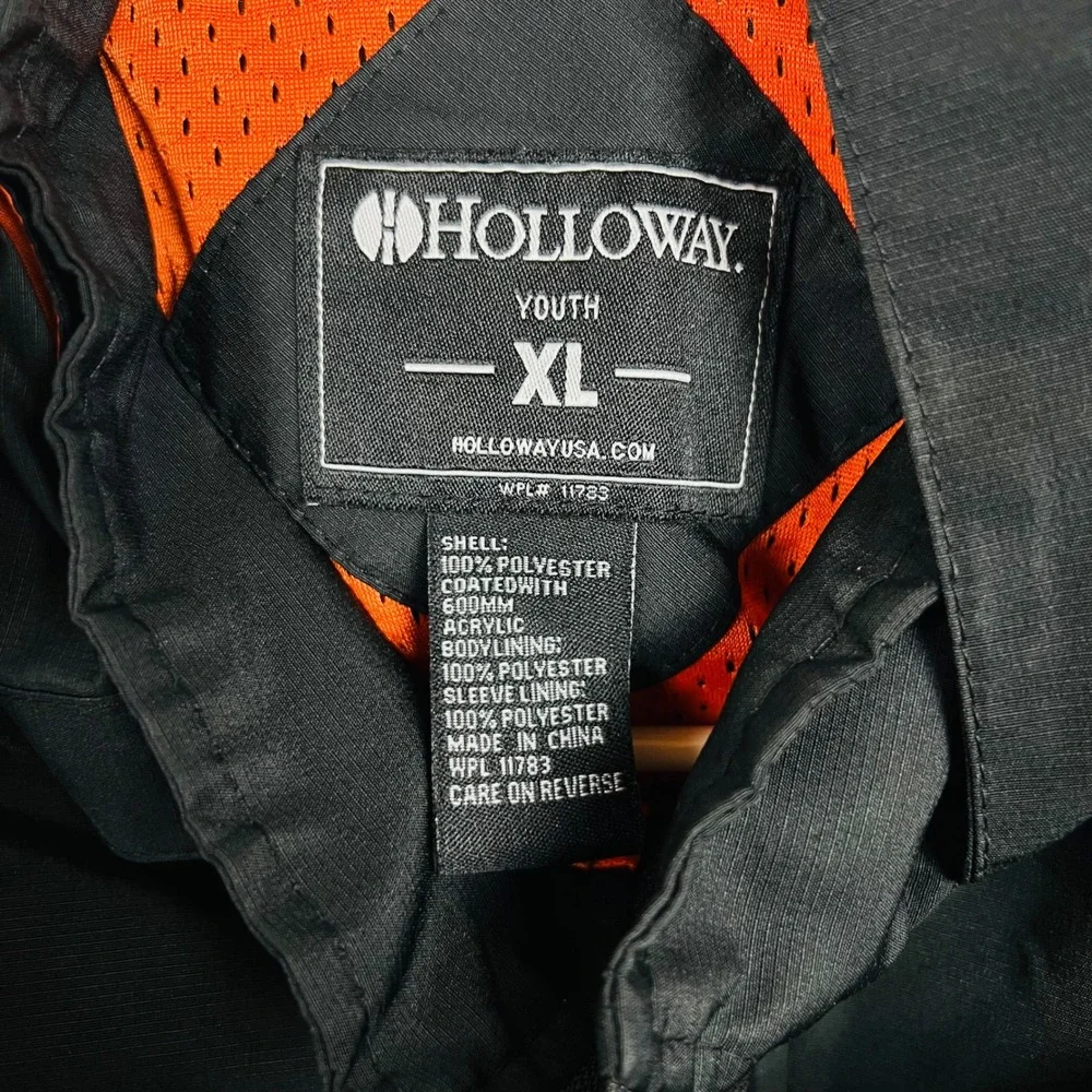 Holloway Kids Black and Orange Hooded Full Zip Windbreaker Athletic Jacket XL